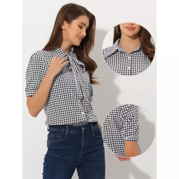 Allegra K Plaid Blouse for Women's Bow Tie Neck Puff Short Sleeve Gingham Shirt Top