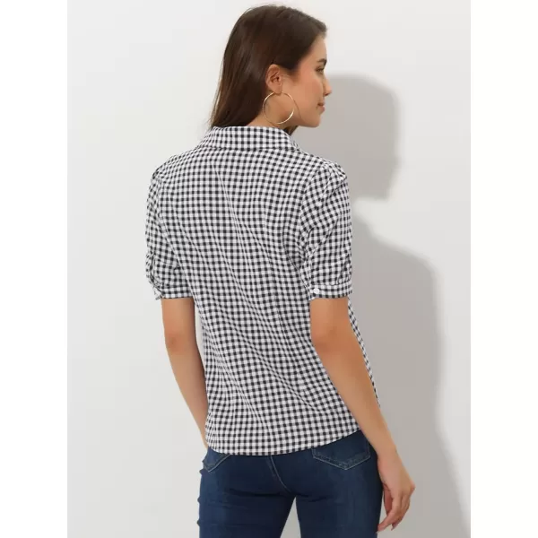 Allegra K Plaid Blouse for Women's Bow Tie Neck Puff Short Sleeve Gingham Shirt Top