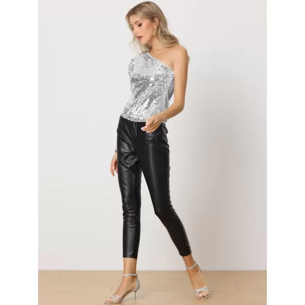 Allegra K Sequin Top for Women's One Shoulder Puff Long Sleeve Cocktail Party Shimmer Sparkly Tops