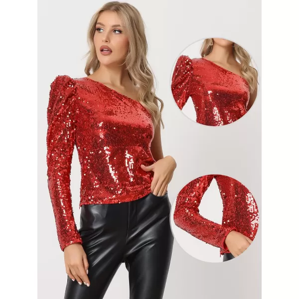 Allegra K Sequin Top for Women's One Shoulder Puff Long Sleeve Cocktail Party Shimmer Sparkly Tops