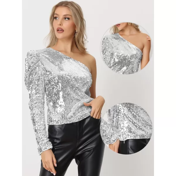 Allegra K Sequin Top for Women's One Shoulder Puff Long Sleeve Cocktail Party Shimmer Sparkly Tops