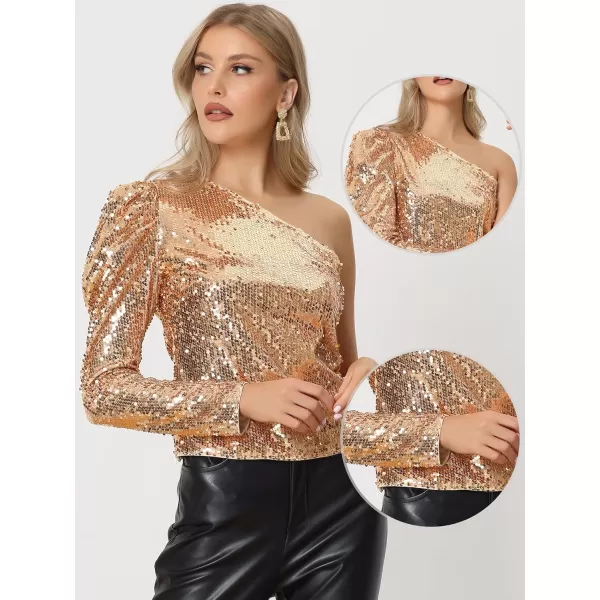 Allegra K Sequin Top for Women's One Shoulder Puff Long Sleeve Cocktail Party Shimmer Sparkly Tops