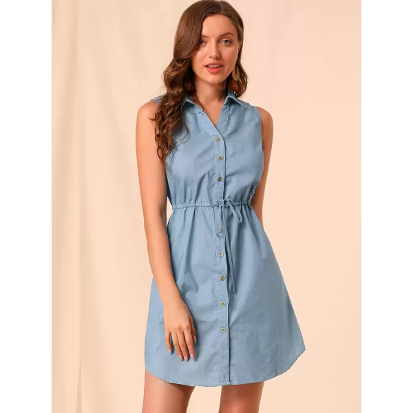 Allegra K Women's Denim Collar Button Down Tie Waist Jean Shirt Dress