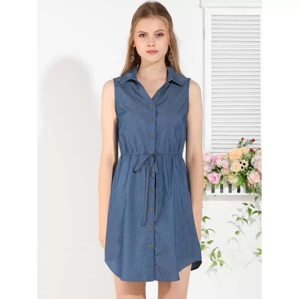 Allegra K Women's Denim Collar Button Down Tie Waist Jean Shirt Dress