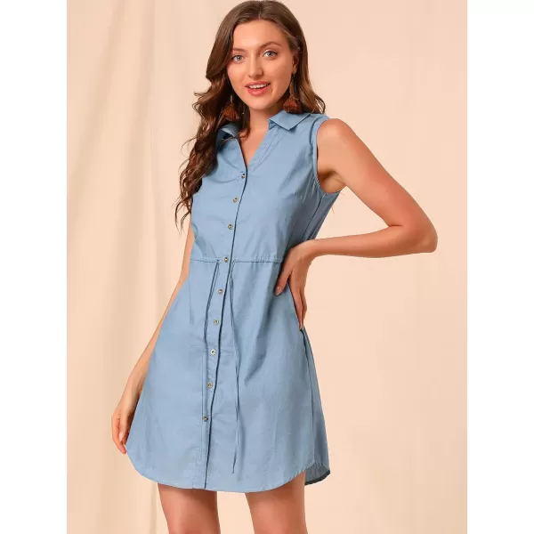 Allegra K Women's Denim Collar Button Down Tie Waist Jean Shirt Dress