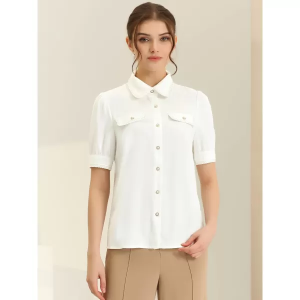 Allegra K Women's Elegant Puff Short Sleeve Contrast Trim Chiffon Work Office Button Down Shirt