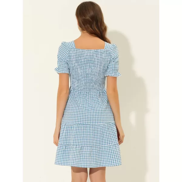 Allegra K Women's Plaid Gingham Square Neck Ruffles Tiered Smocked Puff Sleeve Dress