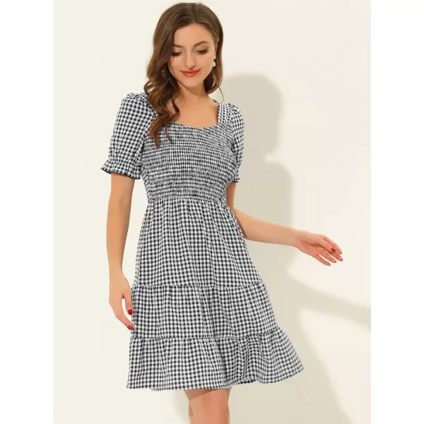 Allegra K Women's Plaid Gingham Square Neck Ruffles Tiered Smocked Puff Sleeve Dress
