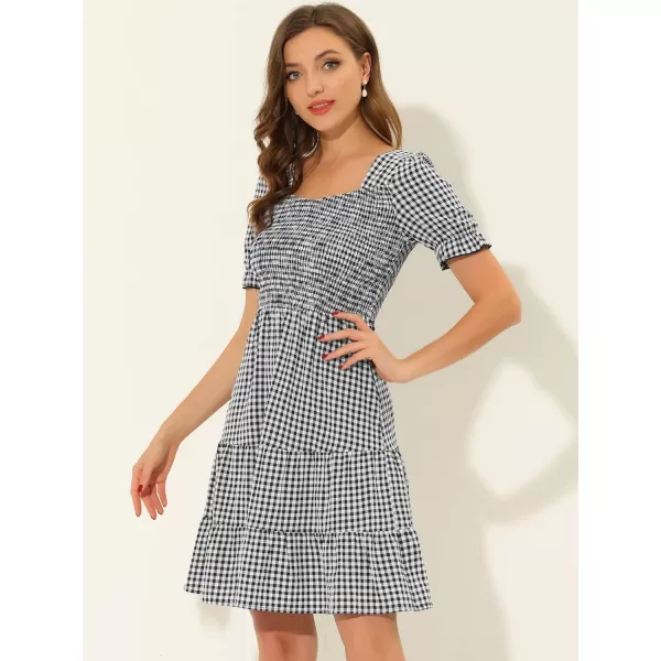 Allegra K Women's Plaid Gingham Square Neck Ruffles Tiered Smocked Puff Sleeve Dress