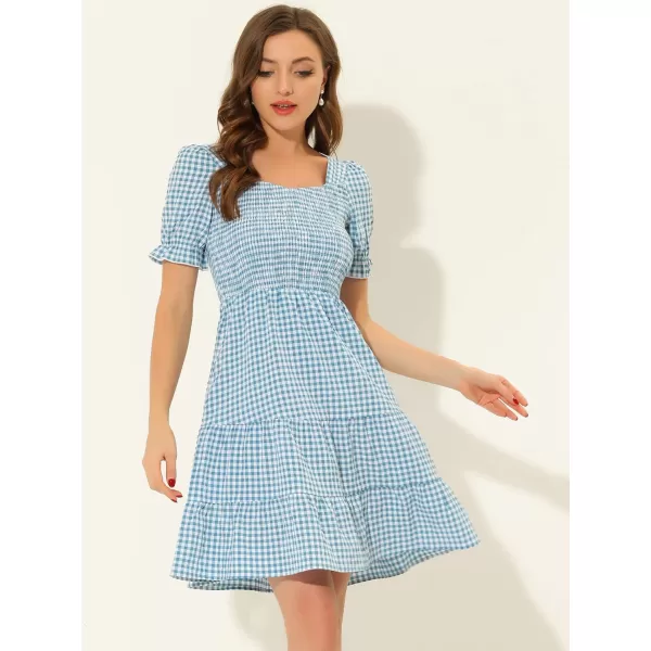 Allegra K Women's Plaid Gingham Square Neck Ruffles Tiered Smocked Puff Sleeve Dress