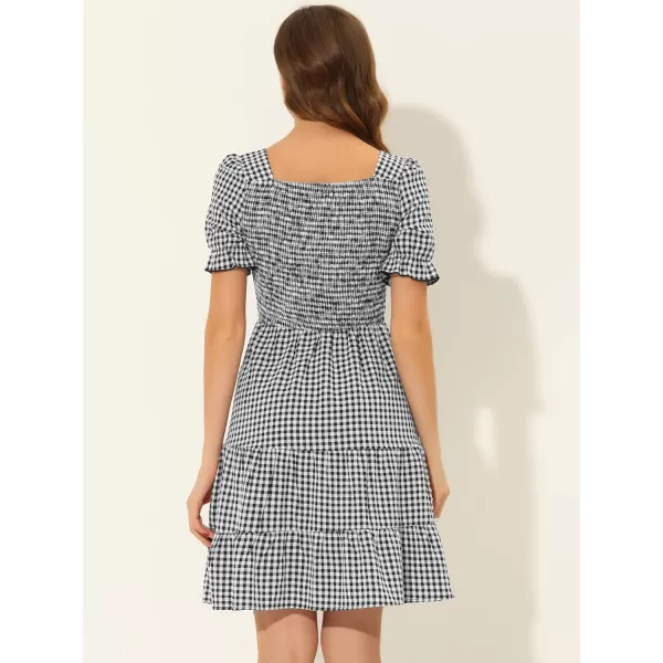 Allegra K Women's Plaid Gingham Square Neck Ruffles Tiered Smocked Puff Sleeve Dress