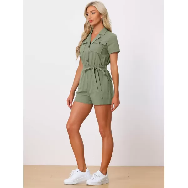 Allegra K Women's Short Jumpsuit Short Sleeve Tie Waist 100% Cotton Cargo Jumpsuit with Pockets