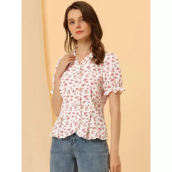 Allegra K Women's Summer Floral V Neck Ruffle Trim Puff Short Sleeve Button Down Shirt Top