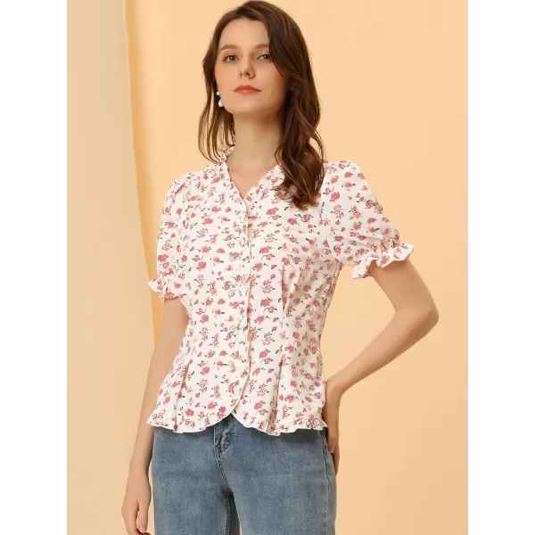 Allegra K Women's Summer Floral V Neck Ruffle Trim Puff Short Sleeve Button Down Shirt Top