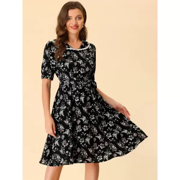 Allegra K Women's Vintage Peter Pan Collar High Waist Flowy Midi Puff Sleeve Floral Dress