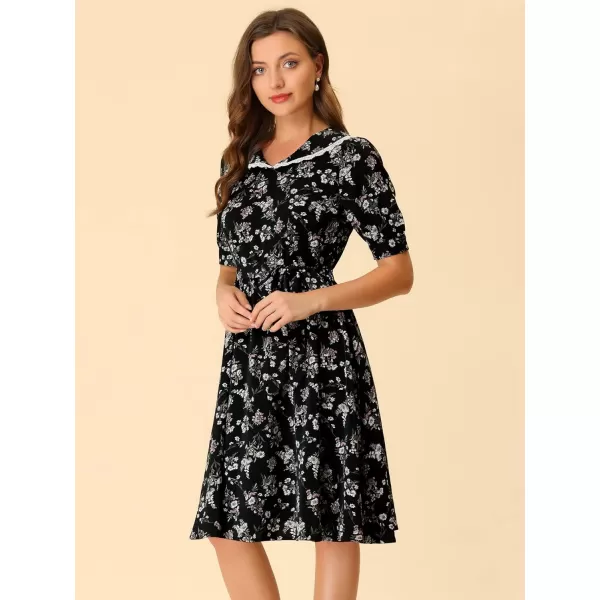 Allegra K Women's Vintage Peter Pan Collar High Waist Flowy Midi Puff Sleeve Floral Dress