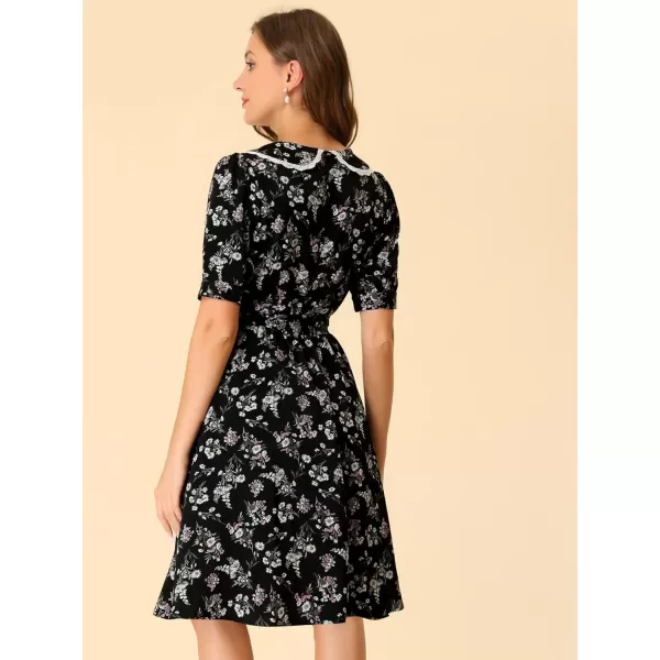 Allegra K Women's Vintage Peter Pan Collar High Waist Flowy Midi Puff Sleeve Floral Dress