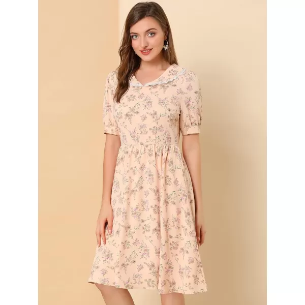 Allegra K Women's Vintage Peter Pan Collar High Waist Flowy Midi Puff Sleeve Floral Dress