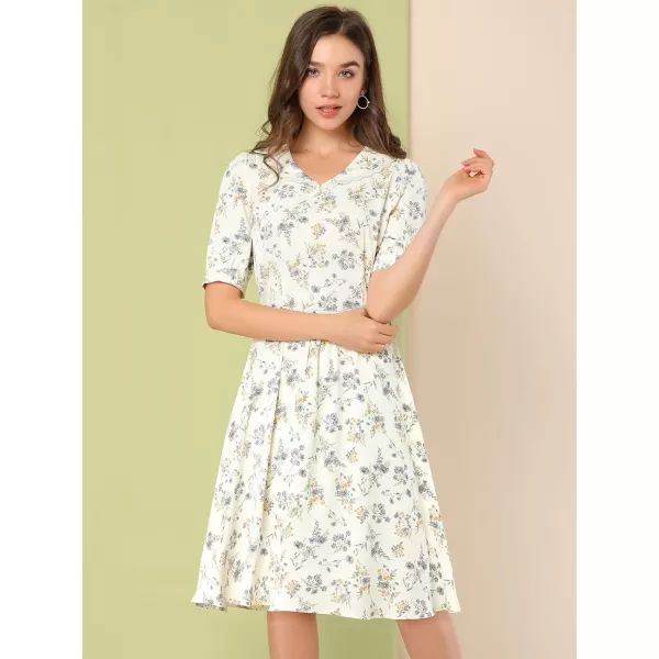 Allegra K Women's Vintage Peter Pan Collar High Waist Flowy Midi Puff Sleeve Floral Dress