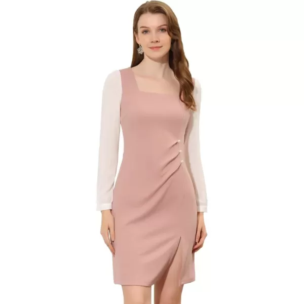 Allegra K Elegant Dresses for Women's Ruched Side Contrast Panel Long Sleeve Square Neck Dress