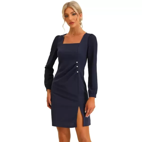 Allegra K Elegant Dresses for Women's Ruched Side Contrast Panel Long Sleeve Square Neck Dress