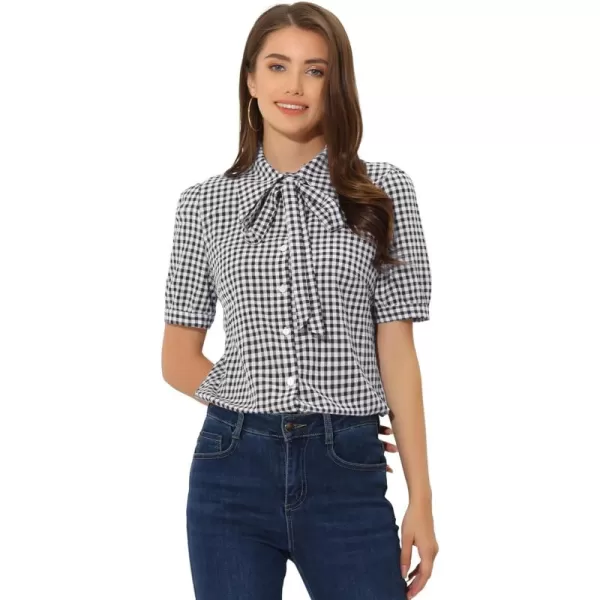 Allegra K Plaid Blouse for Women's Bow Tie Neck Puff Short Sleeve Gingham Shirt Top