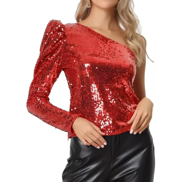 Allegra K Sequin Top for Women's One Shoulder Puff Long Sleeve Cocktail Party Shimmer Sparkly Tops