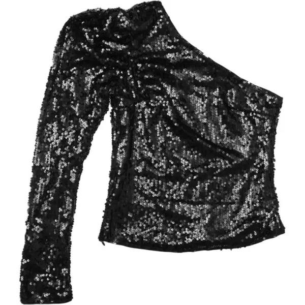 Allegra K Sequin Top for Women's One Shoulder Puff Long Sleeve Cocktail Party Shimmer Sparkly Tops