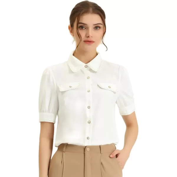 Allegra K Women's Elegant Puff Short Sleeve Contrast Trim Chiffon Work Office Button Down Shirt