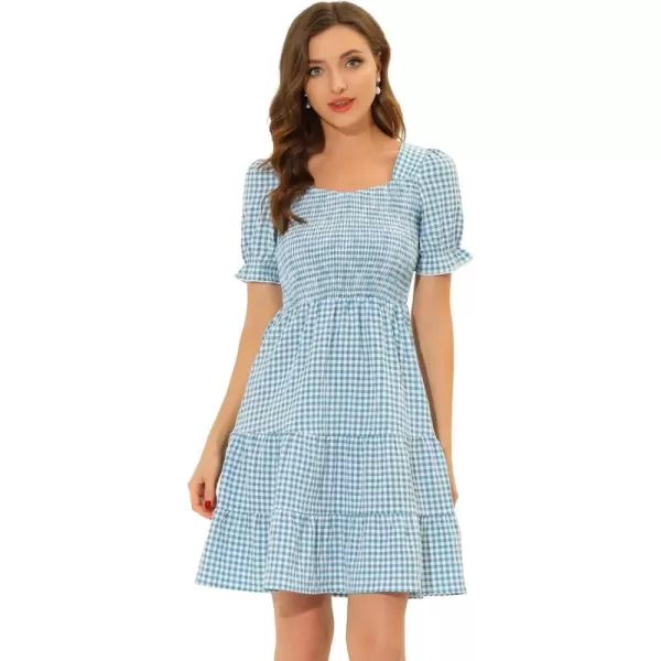 Allegra K Women's Plaid Gingham Square Neck Ruffles Tiered Smocked Puff Sleeve Dress