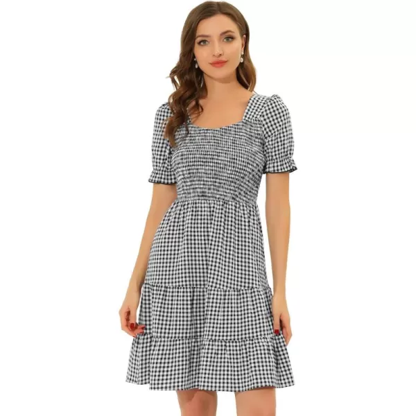 Allegra K Women's Plaid Gingham Square Neck Ruffles Tiered Smocked Puff Sleeve Dress