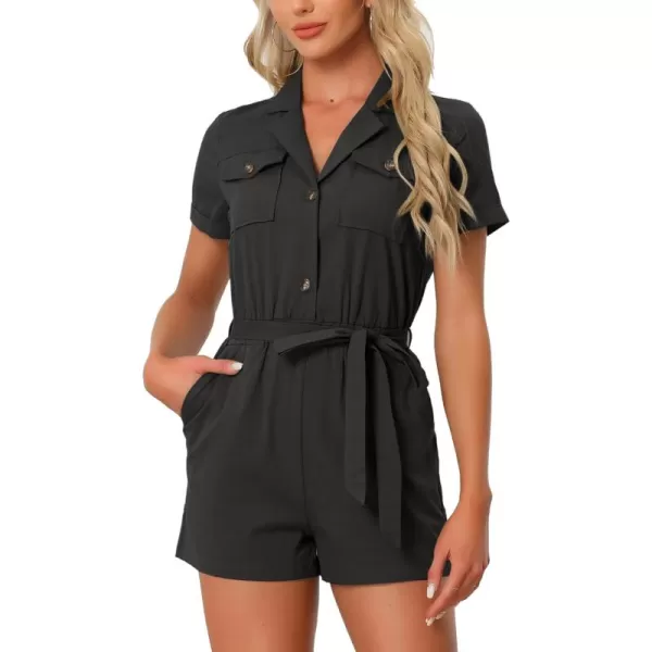 Allegra K Women's Short Jumpsuit Short Sleeve Tie Waist 100% Cotton Cargo Jumpsuit with Pockets