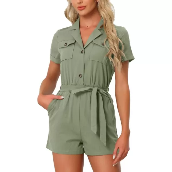 Allegra K Women's Short Jumpsuit Short Sleeve Tie Waist 100% Cotton Cargo Jumpsuit with Pockets