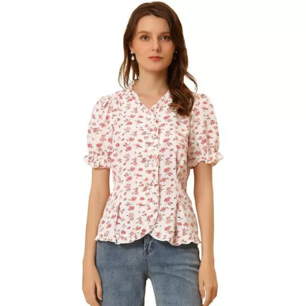 Allegra K Women's Summer Floral V Neck Ruffle Trim Puff Short Sleeve Button Down Shirt Top