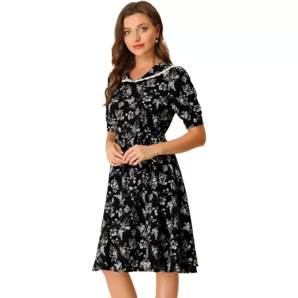 Allegra K Women's Vintage Peter Pan Collar High Waist Flowy Midi Puff Sleeve Floral Dress