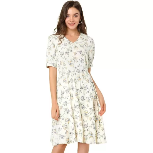 Allegra K Women's Vintage Peter Pan Collar High Waist Flowy Midi Puff Sleeve Floral Dress