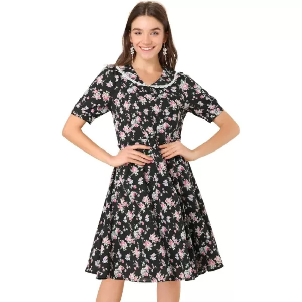 Allegra K Women's Vintage Peter Pan Collar High Waist Flowy Midi Puff Sleeve Floral Dress