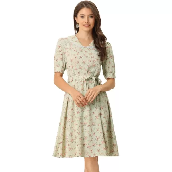 Allegra K Women's Vintage Peter Pan Collar High Waist Flowy Midi Puff Sleeve Floral Dress