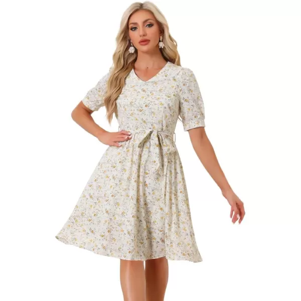 Allegra K Women's Vintage Peter Pan Collar High Waist Flowy Midi Puff Sleeve Floral Dress