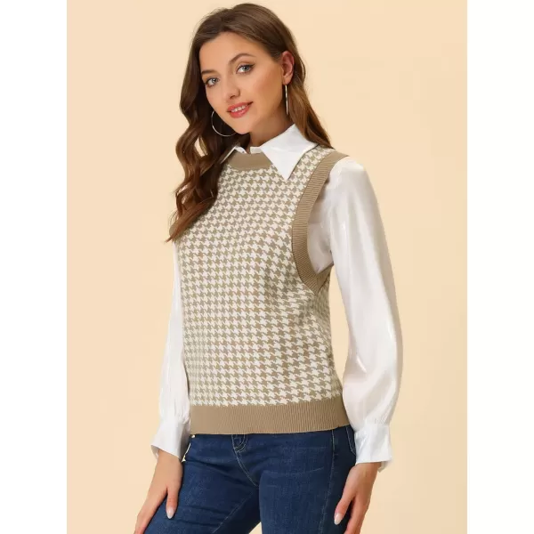 Allegra K Women's Round Neck Vest Sleeveless Houndstooth Plaid Knitted Sweater