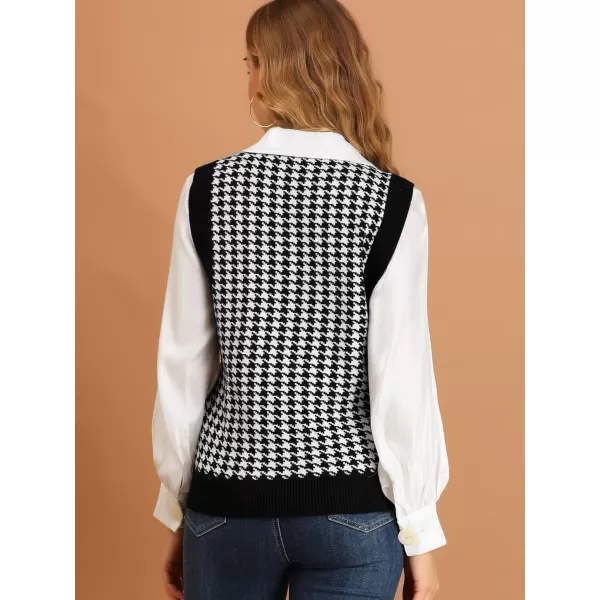 Allegra K Women's Round Neck Vest Sleeveless Houndstooth Plaid Knitted Sweater