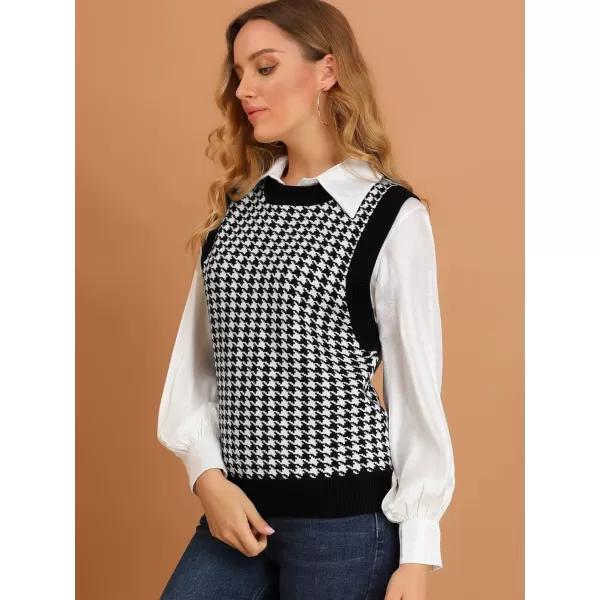 Allegra K Women's Round Neck Vest Sleeveless Houndstooth Plaid Knitted Sweater