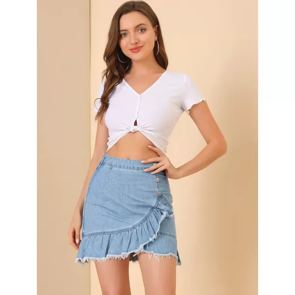 Allegra K Women's Ruffle Irregular Hem High Waist Lightweight Mini Jeans Denim Skirt