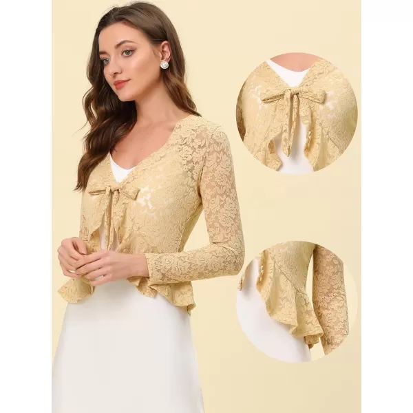 Allegra K Floral Lace Shrug for Women's Tie Front Top Ruffled Hem Office Sheer Crop Bolero Cardigan