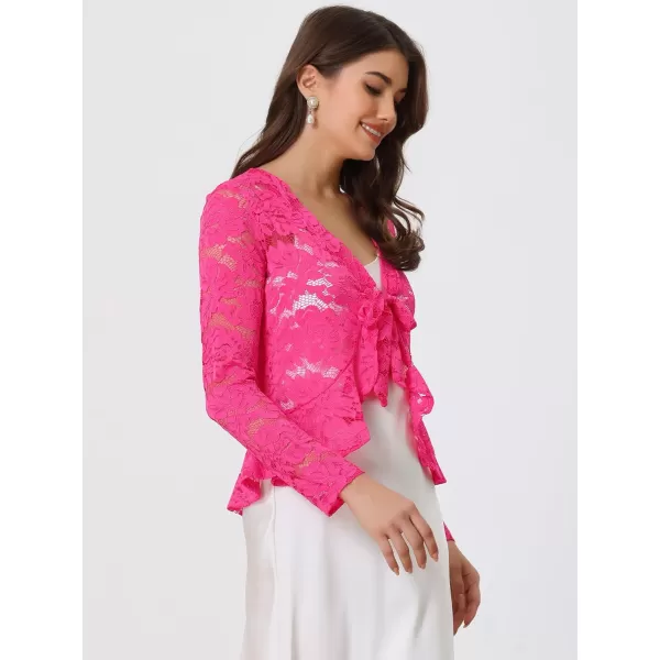 Allegra K Floral Lace Shrug for Women's Tie Front Top Ruffled Hem Office Sheer Crop Bolero Cardigan