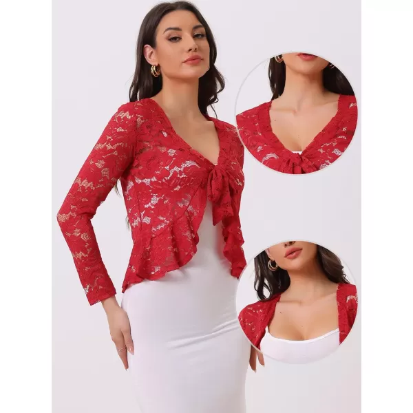 Allegra K Floral Lace Shrug for Women's Tie Front Top Ruffled Hem Office Sheer Crop Bolero Cardigan