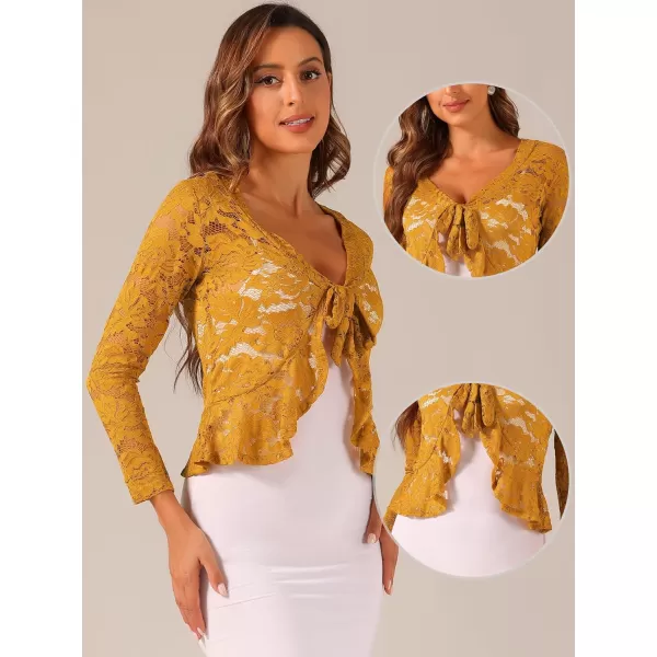 Allegra K Floral Lace Shrug for Women's Tie Front Top Ruffled Hem Office Sheer Crop Bolero Cardigan