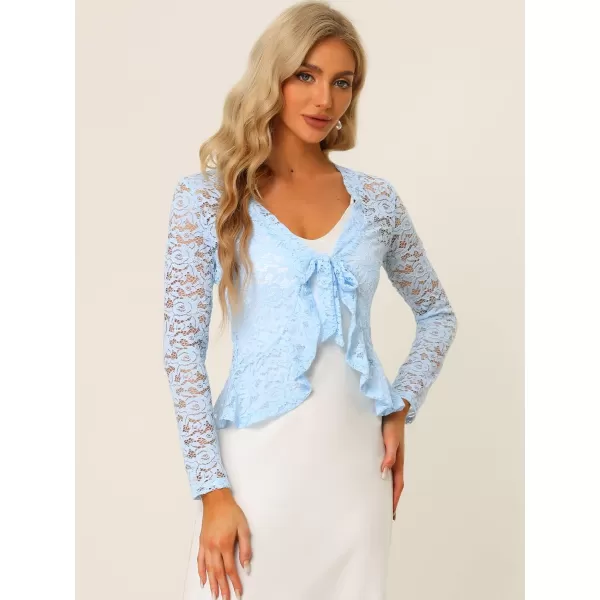 Allegra K Floral Lace Shrug for Women's Tie Front Top Ruffled Hem Office Sheer Crop Bolero Cardigan