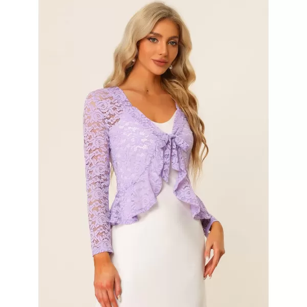 Allegra K Floral Lace Shrug for Women's Tie Front Top Ruffled Hem Office Sheer Crop Bolero Cardigan