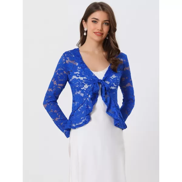 Allegra K Floral Lace Shrug for Women's Tie Front Top Ruffled Hem Office Sheer Crop Bolero Cardigan